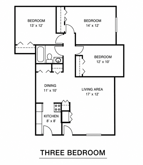 Floor plan for 3 beds, 1.5 baths, 1045 sqft